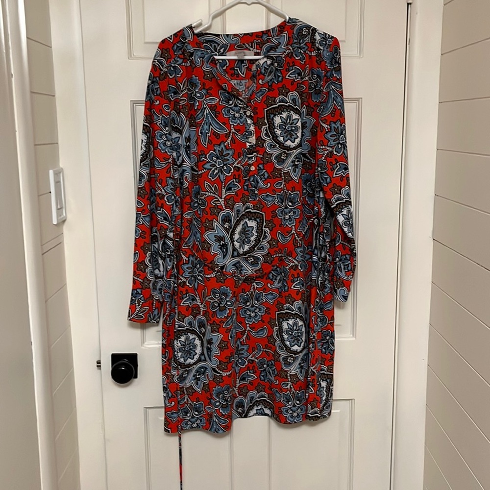 LOFT Red Paisley-Print Midi Dress with Blue & White Accents